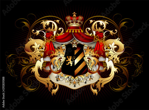 Heraldic shield with a crown and royal mantle, richly ornamented, on a black background.  3D vector. High detailed realistic illustration