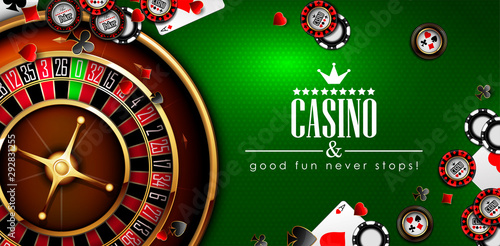 Casino advertising design with roulette, playing chips and cards. Highly realistic illustration.