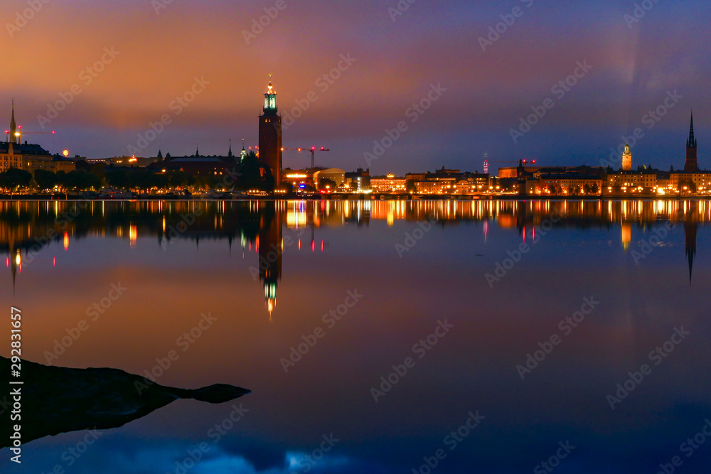 Stockholm, Sweden The Stockholm skyline at dawn and the City Hall, or Stadshuset. .
