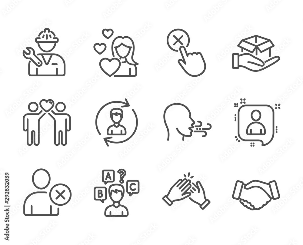 Set of People icons, such as Clapping hands, Hold box, Love, Repairman, Handshake, Human resources, Quiz test, Friends couple, Breathing exercise, Developers chat, Delete user line icons. Vector