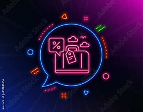 Travel loan percent line icon. Neon laser lights. Trip discount sign. Credit percentage symbol. Glow laser speech bubble. Neon lights chat bubble. Banner badge with travel loan icon. Vector