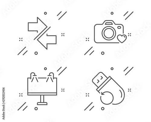 Synchronize, Photo camera and Road banner line icons set. Flash memory sign. Communication arrows, Love photos, Advertisement. Recovery usb. Business set. Line synchronize outline icon. Vector