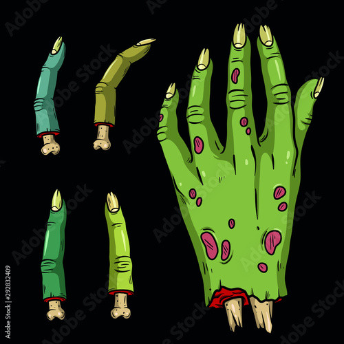 Vector creepy colorful body parts. Нorror art of hand, fingers for scary design, print, poster, cover, sticker, packing. Spooky illustration for horror festival, party invitation, Halloween design.