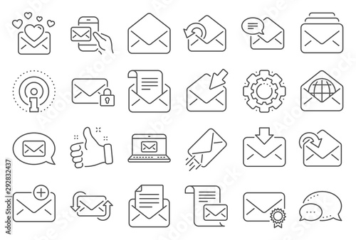 Mail message line icons. Newsletter, Email document, Correspondence icons. Received mail, Secure message and Web letter. Post office newsletter, Send email document, private communication. Vector