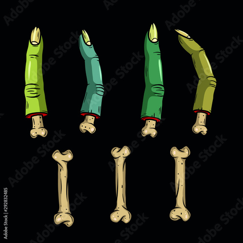 Vector creepy colorful body parts. Нorror art of fingers, bones  for scary design, print, poster, cover, sticker, packing. Spooky illustration for horror festival, party invitation, Halloween design.