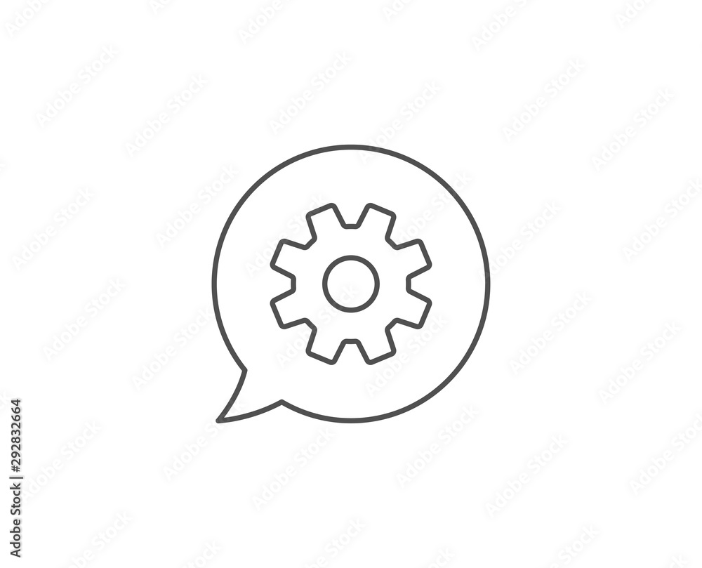 Cogwheel line icon. Chat bubble design. Service sign. Transmission Rotation Mechanism symbol. Outline concept. Thin line service icon. Vector Cogwheel line icon. Chat bubble design. Service sign. Transmission Rotation Mechanism symbol. Outline concept. Thin line service icon. Vector