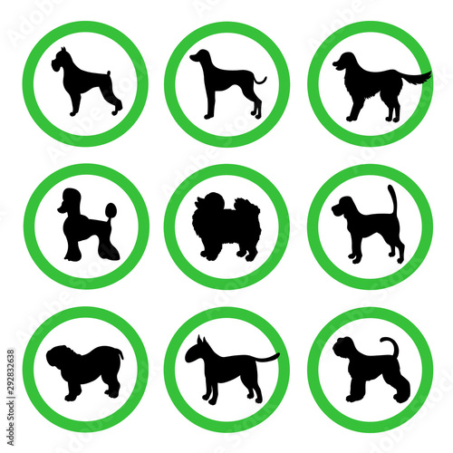 Set of dog friendly signs with different breeds. Green circle with black silhouette. Vector