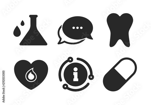 Pill, tooth, chemistry and heart signs. Chat, info sign. Maternity icons. Blood donation symbol. Lab bulb with drops. Dental care. Classic style speech bubble icon. Vector
