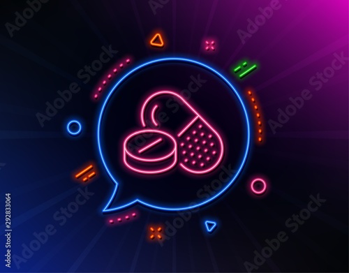 Medical drugs line icon. Neon laser lights. Medicine pills sign. Pharmacy medication symbol. Glow laser speech bubble. Neon lights chat bubble. Banner badge with medical drugs icon. Vector