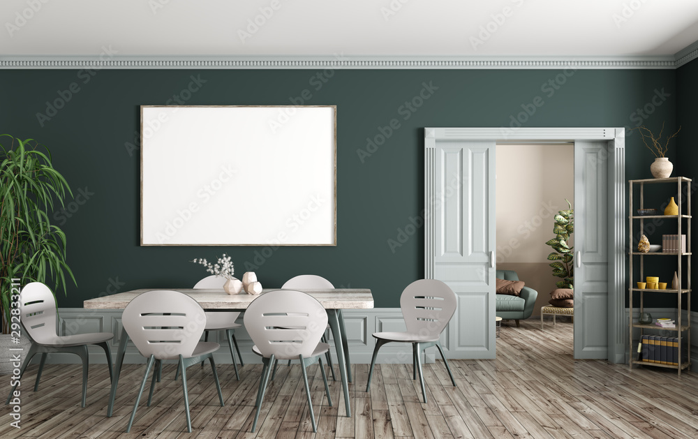 Interior of modern dining room with big mock up poster on the green wall 3d rendering - obrazy, fototapety, plakaty 