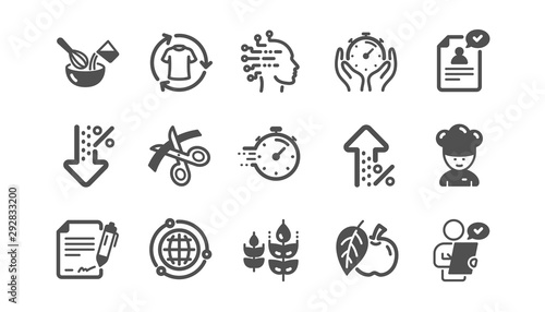 Chef hat, Customer survey, Approved application icons. Scissors cutting, Artificial intelligence icons. Interest rate, gluten free. Classic set. Quality set. Vector © blankstock
