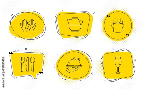Food, Milk jug and Wineglass signs. Chat bubbles. Restaurant food, Cooking hat and Coffee line icons set. Room service, Chef, Roasted bean. Cutlery. Food and drink set. Vector
