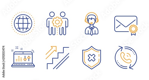 Stairs, Employees teamwork and Verified mail line icons set. Shipping support, Sound check and Reject protection signs. Globe, Call center symbols. Stairway, Collaboration. Business set. Vector