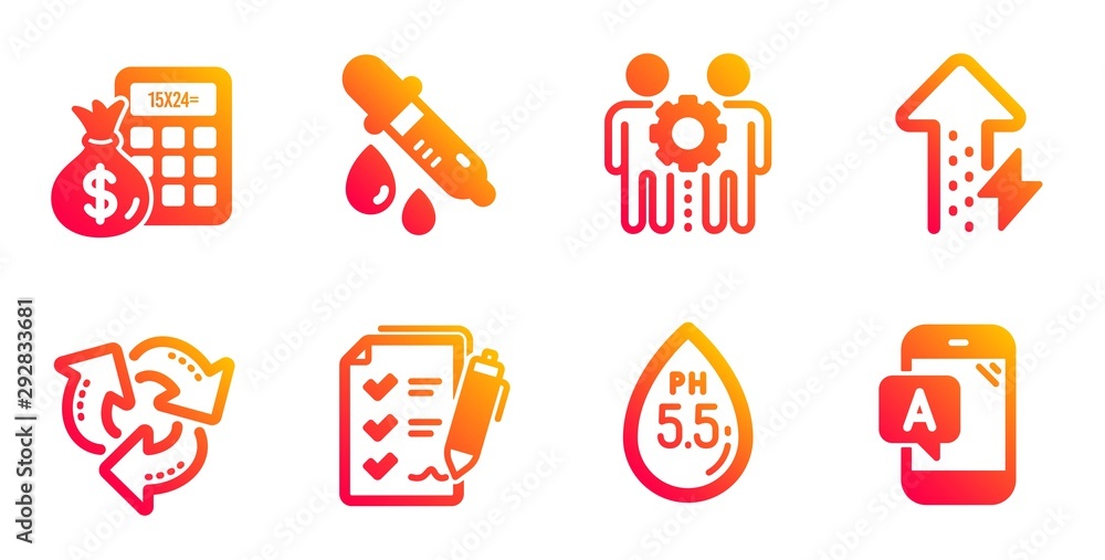 Ph neutral, Finance calculator and Employees teamwork line icons set. Chemistry pipette, Survey checklist and Energy growing signs. Recycle, Ab testing symbols. Water, Calculate money. Vector