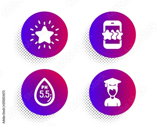 Star, Rank star and Ph neutral icons simple set. Halftone dots button. Student sign. Phone feedback, Best result, Water. Graduation cap. Business set. Classic flat star icon. Vector