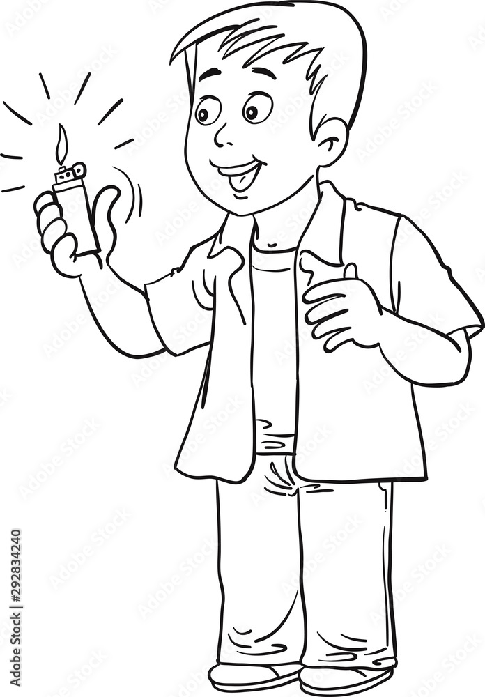 Young boy with a lit lighter.