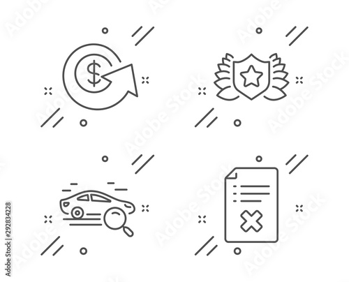 Laureate, Search car and Dollar exchange line icons set. Reject file sign. Award shield, Find transport, Money refund. Decline agreement. Business set. Line laureate outline icon. Vector