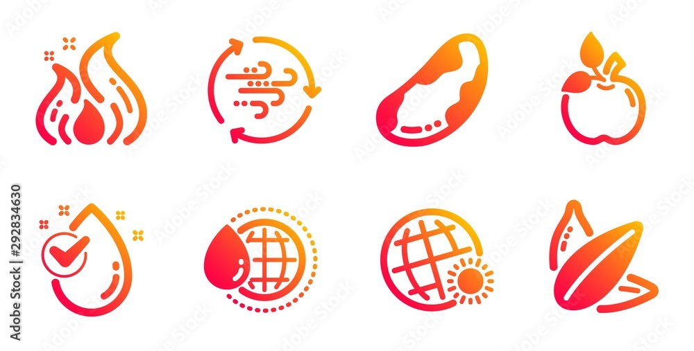 World water, Fire energy and Wind energy line icons set. Eco food, Brazil nut and World weather signs. Water drop, Sunflower seed symbols. Aqua drop, Flame. Nature set. Vector