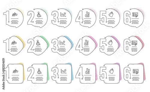 Seo certificate, Ranking stars and Growth chart line icons set. Infographic timeline. Disabled, Sale tags and Chemistry lab signs. Statistics, Winner results, Sale diagram. Vector