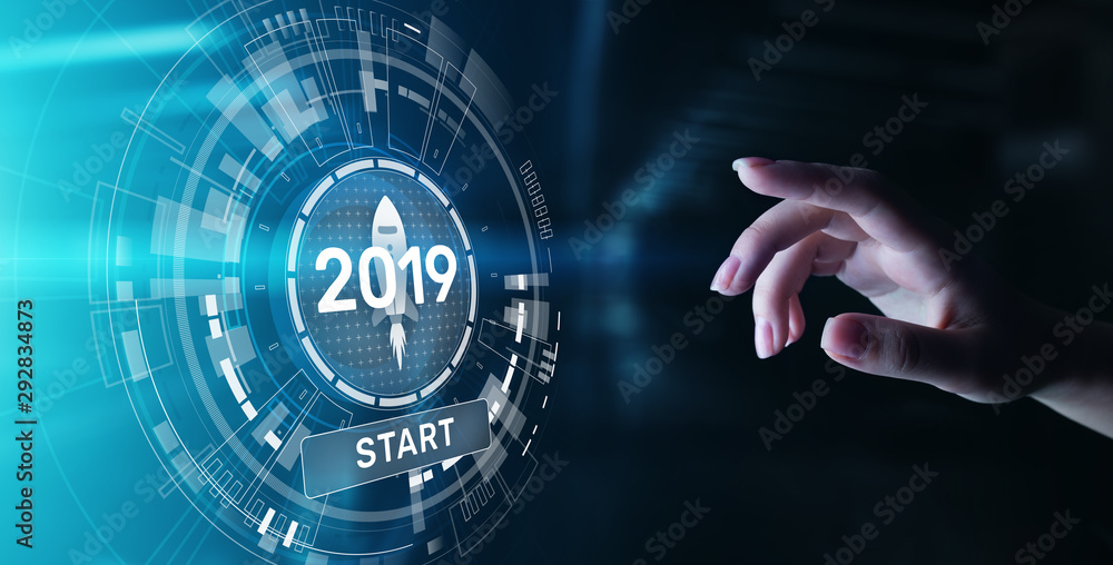 New year 2019 start button on virtual screen hologram. FInancial growth and new perspective in business and life. New year 2019 start button on virtual screen hologram. FInancial growth and new perspective in business and life.