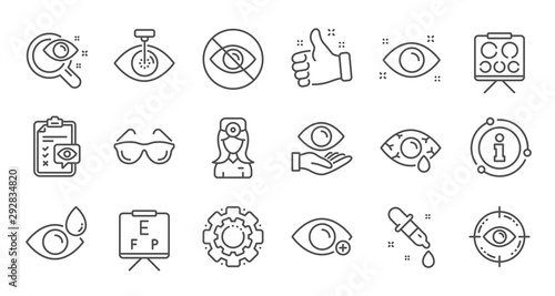 Optometry, Eye doctor line icons. Medical laser surgery, glasses and eyedropper. Pink eye, Cataract surgery and allergy icons. Optician board, oculist chart. Linear set. Quality line set. Vector