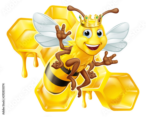 A queen or king bumble bee cartoon character in a gold crown with a honey dripping bumblebee comb hive honeycomb in the background