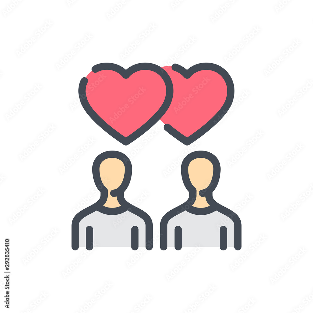 People with hearts over their heads color line icon. Rating from followers vector outline colorful sign. People with hearts over their heads color line icon. Rating from followers vector outline colorful sign.