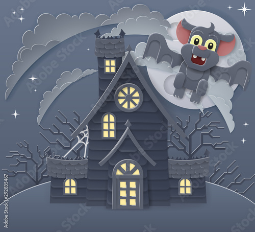 A spooky Halloween haunted house scene with cute vampire bat in a cartoon papercraft style