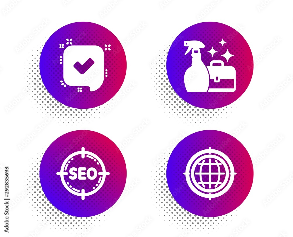 Confirmed, Seo and Cleanser spray icons simple set. Halftone dots button. Seo internet sign. Accepted message, Search target, Washing liquid. Globe. Business set. Classic flat confirmed icon. Vector