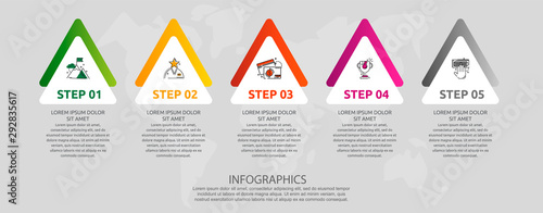 Vector infographic template with triangles and five arrows. Business geometric concept with 5 options, parts, steps. Used as timeline, workflow, presentation, diagram, flyers, banner, chart