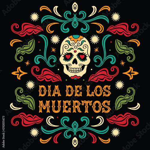 Dia de los Muertos. Mexican sugar skull with letters and ornament