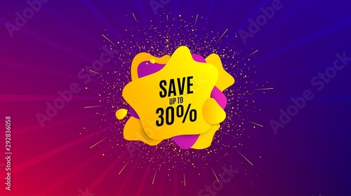 Save up to 30%. Dynamic text shape. Discount Sale offer price sign. Special offer symbol. Geometric vector banner. Discount text. Gradient shape badge. Colorful background. Vector