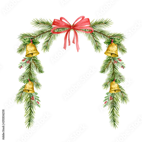 Watercolor vector Christmas wreath with fir branches  bells and red bow.