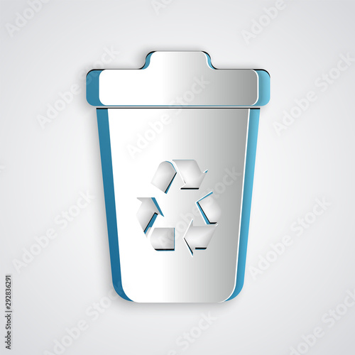 Paper cut Recycle bin with recycle symbol icon isolated on grey background. Trash can icon. Garbage bin sign. Recycle basket sign. Paper art style. Vector Illustration