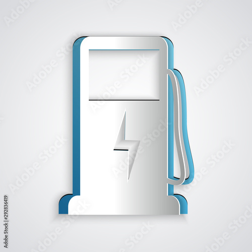 Paper cut Electric car charging station icon isolated on grey background. Eco electric fuel pump sign. Paper art style. Vector Illustration