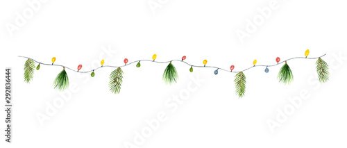 Watercolor vector Christmas colorful garland with lights and fir branches.