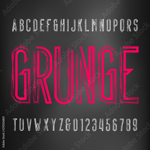 Grunge alphabet font. Messy uppercase condensed letters and numbers. Vector typescript for your typography design.