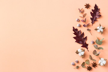 Creative autumn fall thanksgiving day composition with decorative leaves