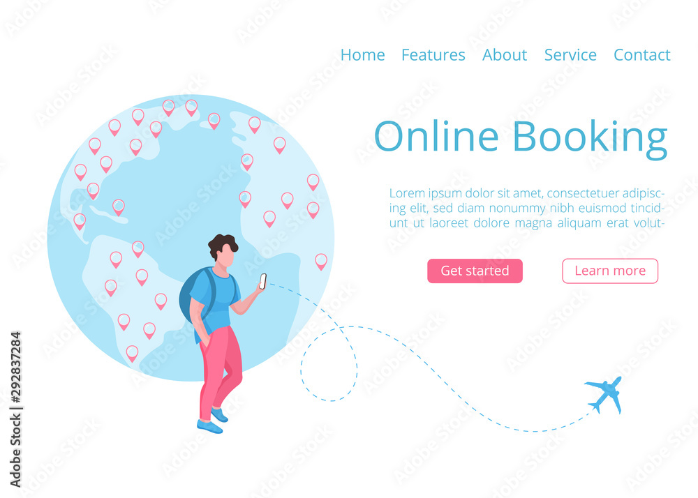 Online booking landing page concept vector illustration. Web page template online reservation service, adult man or teenager with phone and mobile app for worldwide booking travels, flights and hotels Online booking landing page concept vector illustration. Web page template online reservation service, adult man or teenager with phone and mobile app for worldwide booking travels, flights and hotels