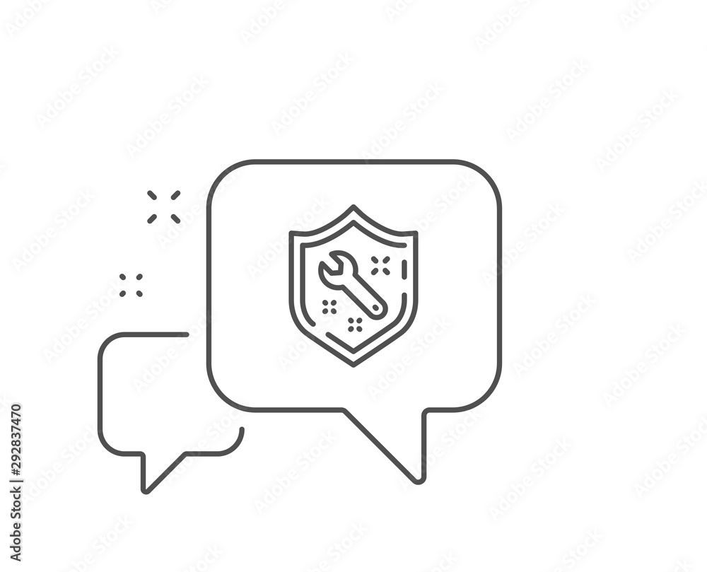 Spanner tool line icon. Chat bubble design. Repair service sign. Shield protection symbol. Outline concept. Thin line spanner icon. Vector Spanner tool line icon. Chat bubble design. Repair service sign. Shield protection symbol. Outline concept. Thin line spanner icon. Vector