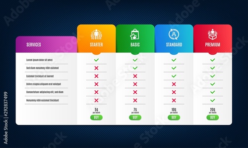 Loyalty points, Group and User info icons simple set. Price list, pricing table. Augmented reality sign. Bonus bags, Managers, Update profile. Virtual reality. Technology set. Vector