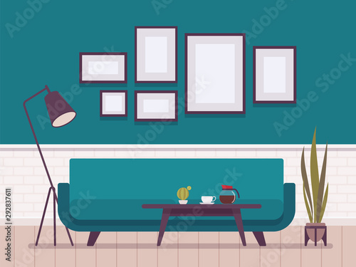 Living room elegant interior. Fabric sofa bed, floor lamp, small coffe table for incredible comfort, ample space and great design, centre for meeting guests. Vector flat style cartoon illustration