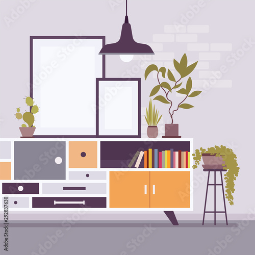 Cabinet design, drawers for ample storage. Organization to help in individual needs, keep functional essentials and items, pendent lighting in industrial decor. Vector flat style cartoon illustration
