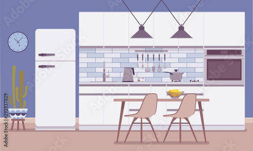 Kitchen room interior and design. Functional zone with sink, stove and fridge, dining area and small breakfast nook for morning coffee. Vector flat style cartoon illustration