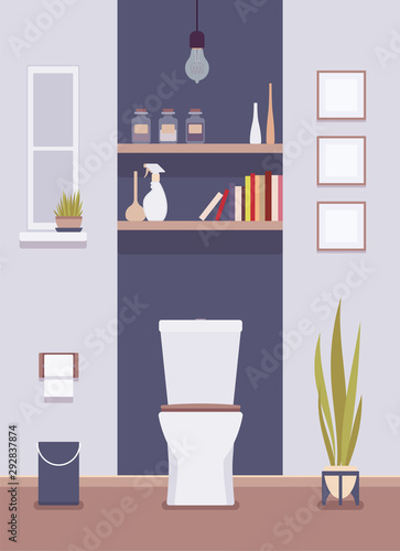 Restroom interior and design. Toilet room with shelves, lavatories, private hygiene space in office building, or restaurant wc. Vector flat style cartoon illustration © andrew_rybalko