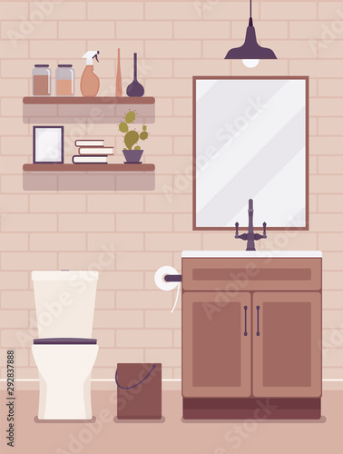 Restroom modern interior and design. Room with a washbowl for washing facilities, toilet bowl, wc and washroom calm shades decor. Vector flat style cartoon illustration