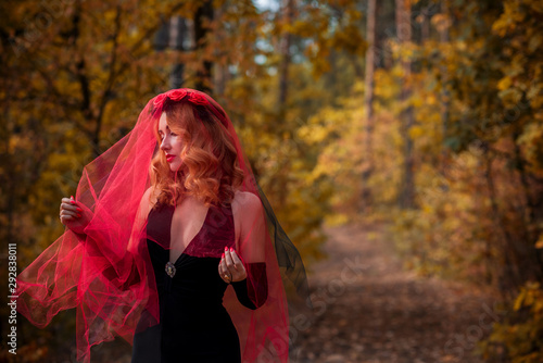 Magical time, Autumn bride with red veil . Costume and ideas for party, ladys witchcraft 