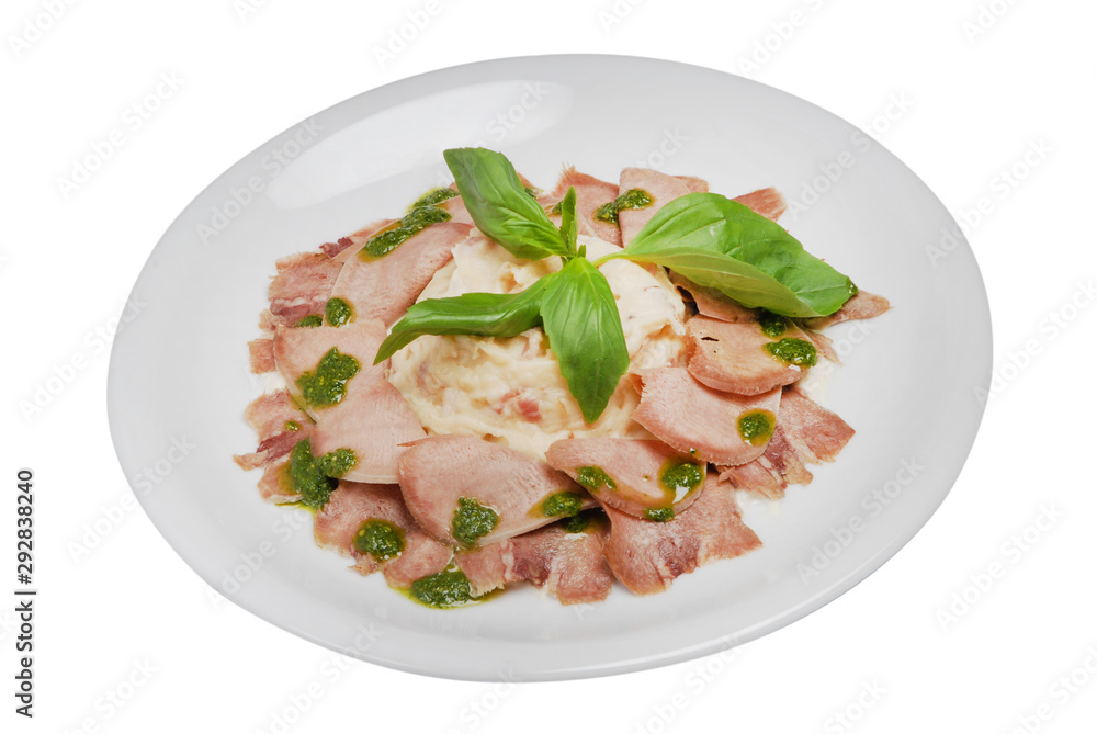 Mashed potatoes with chopped meat and ham on a white isolated background