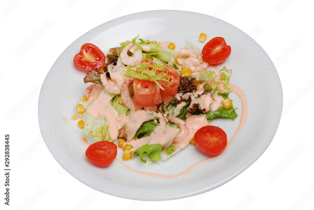 Vegetable seafood salad in plate on a white isolated background Vegetable seafood salad in plate on a white isolated background
