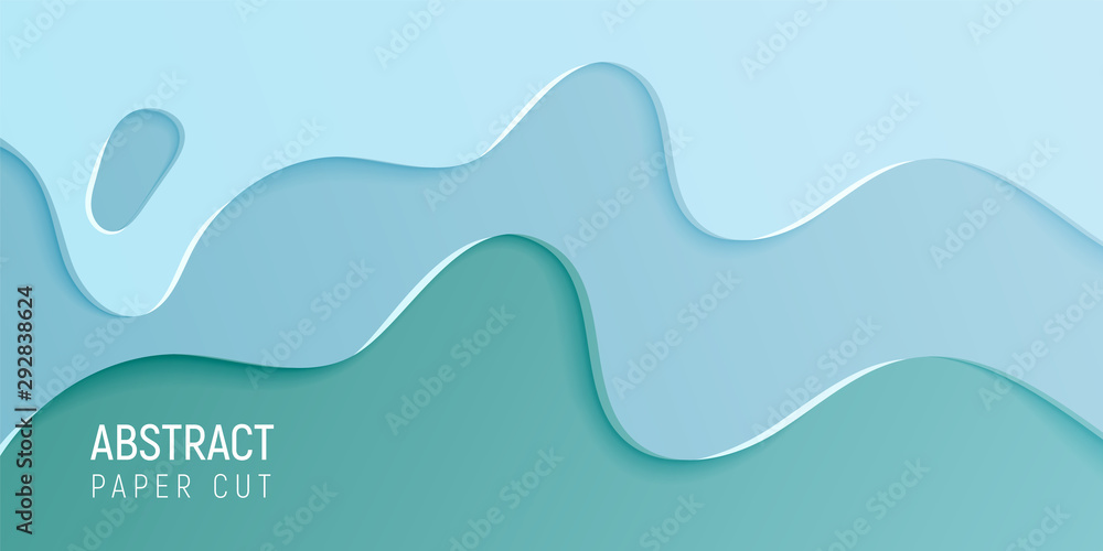 Blue abstract paper cut slime background. Banner with slime abstract background with cyan blue paper cut waves. Vector illustration